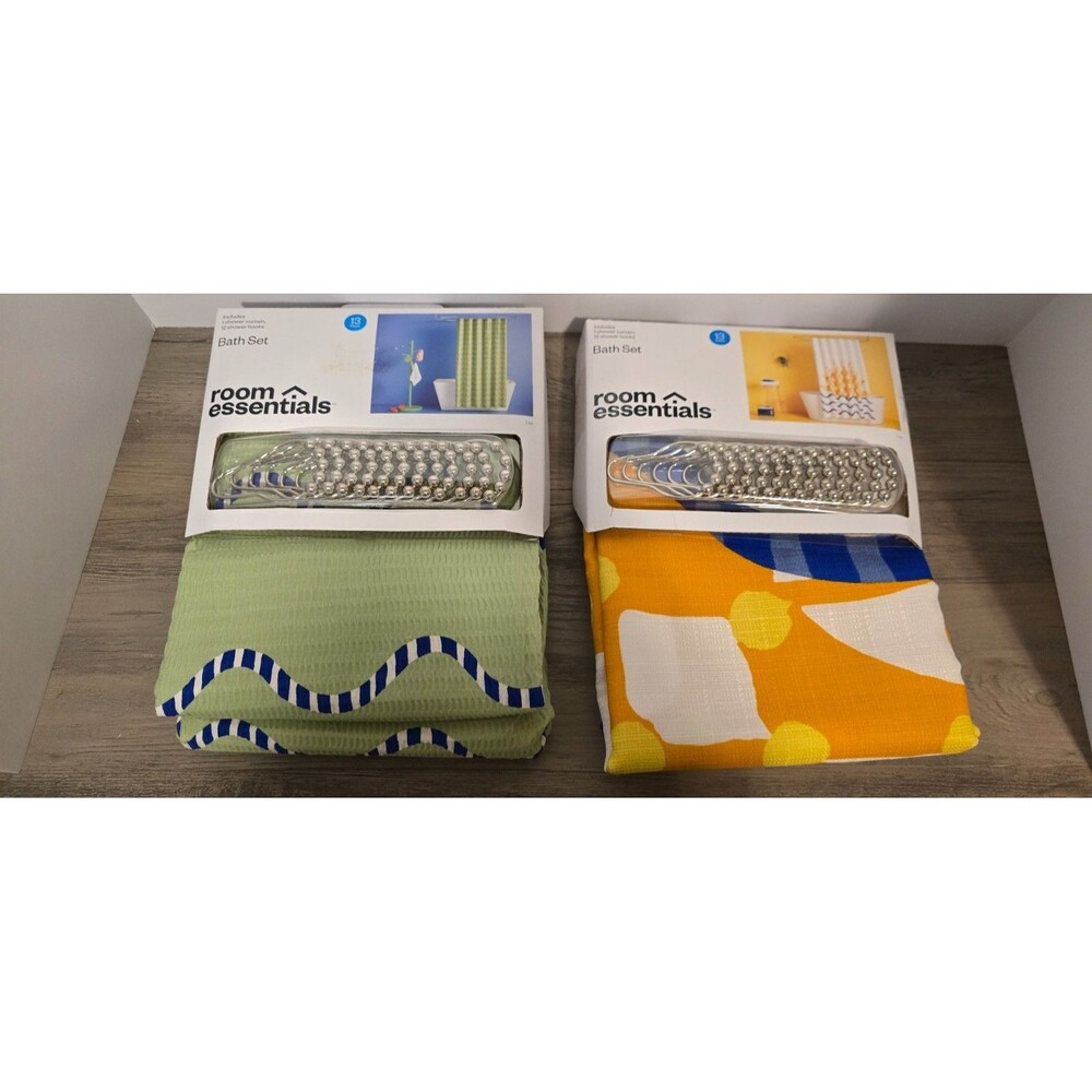 Bath Set Shower Curtain 12 Shower Hooks Green, blue, orange